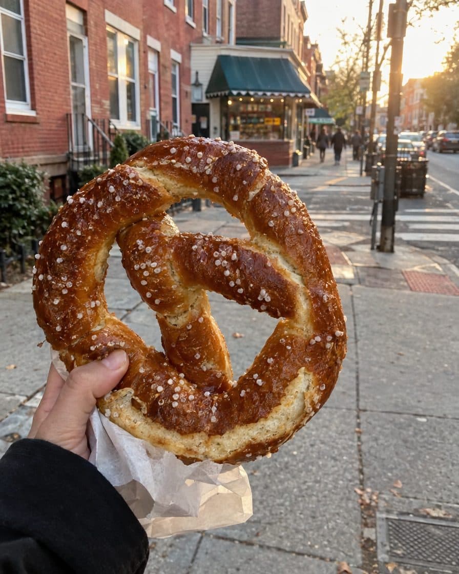 A soft pretzel held up on a Philly rowhome block