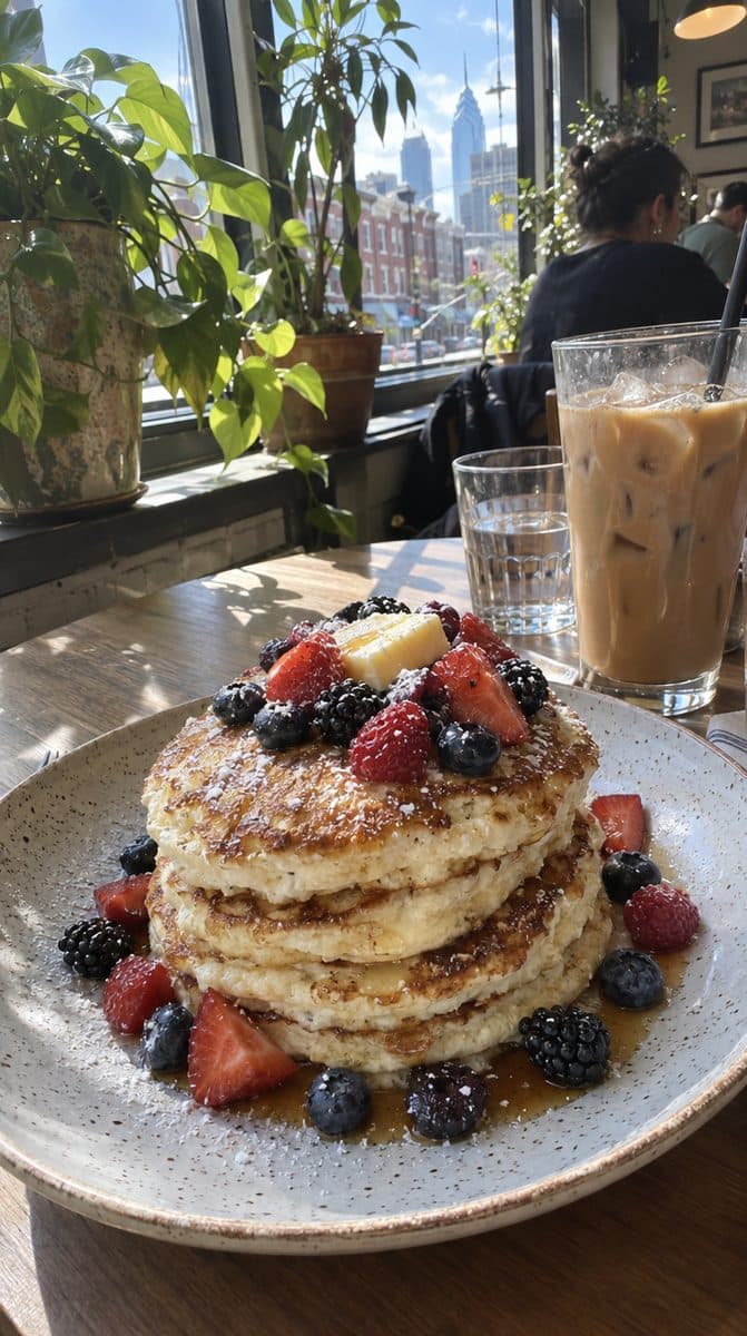 Ricotta pancakes with berries by a sunny cafe window