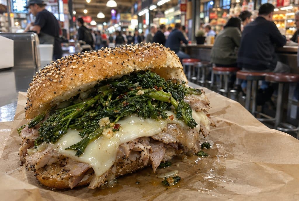 A roast pork sandwich with broccoli rabe at a market lunch counter